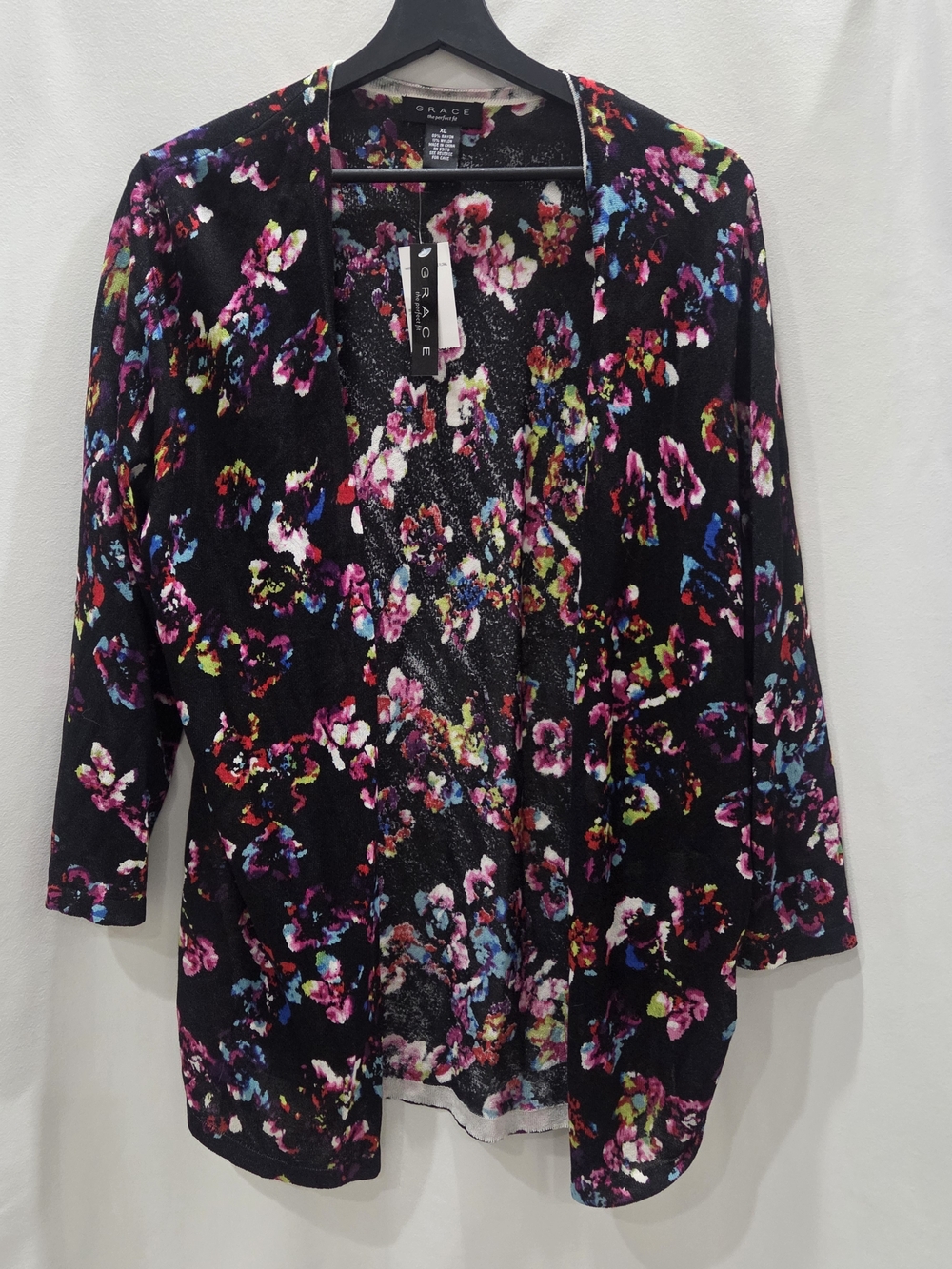 Grace Black Floral Open Front Tunic Cardigan - Multicolor Print